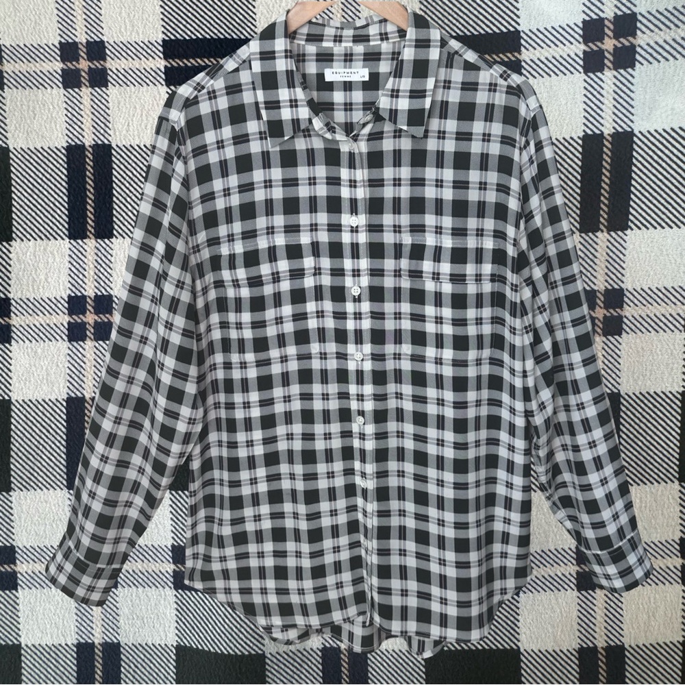 EQUIPMENT Femme Signature 100% Silk Plaid Blouse Button Front Gray Size Large - Picture 16 of 16